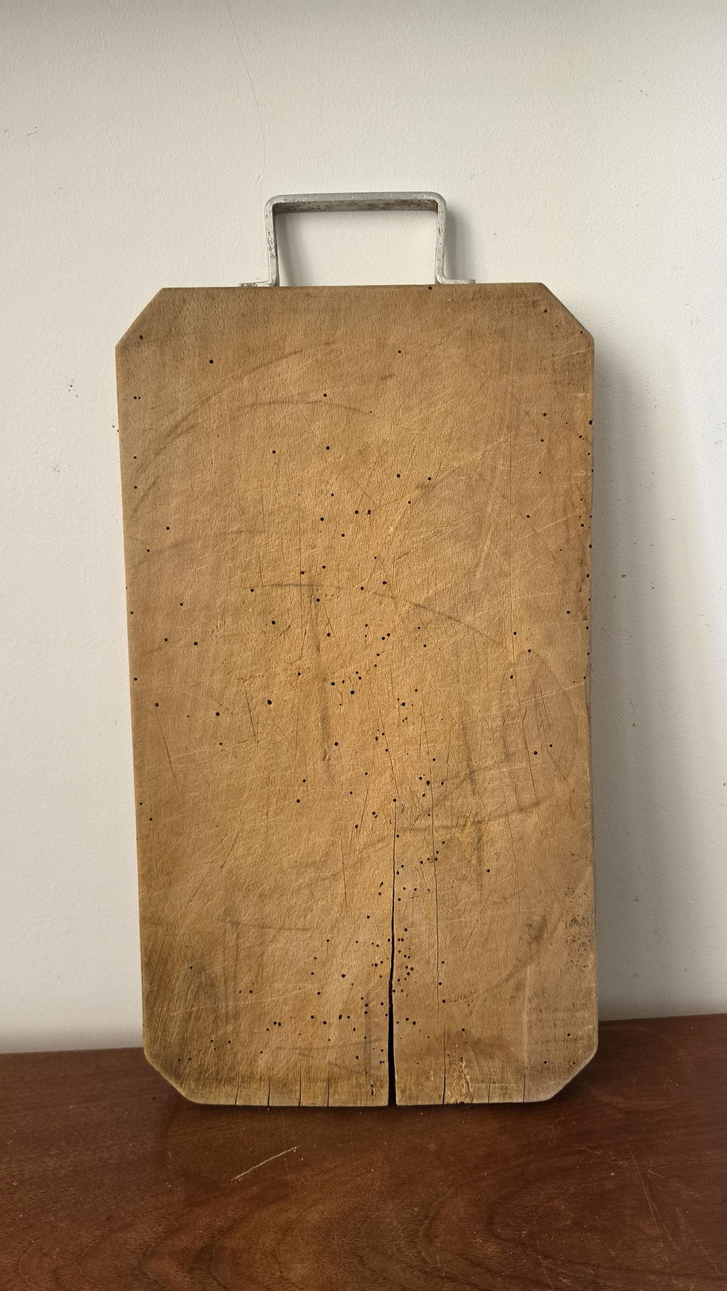 Antique French Wooden Bread Board with Metal Handle, Rustic Farmhouse Cutting Board, Primitive Kitchen Decor, European Dough Board
