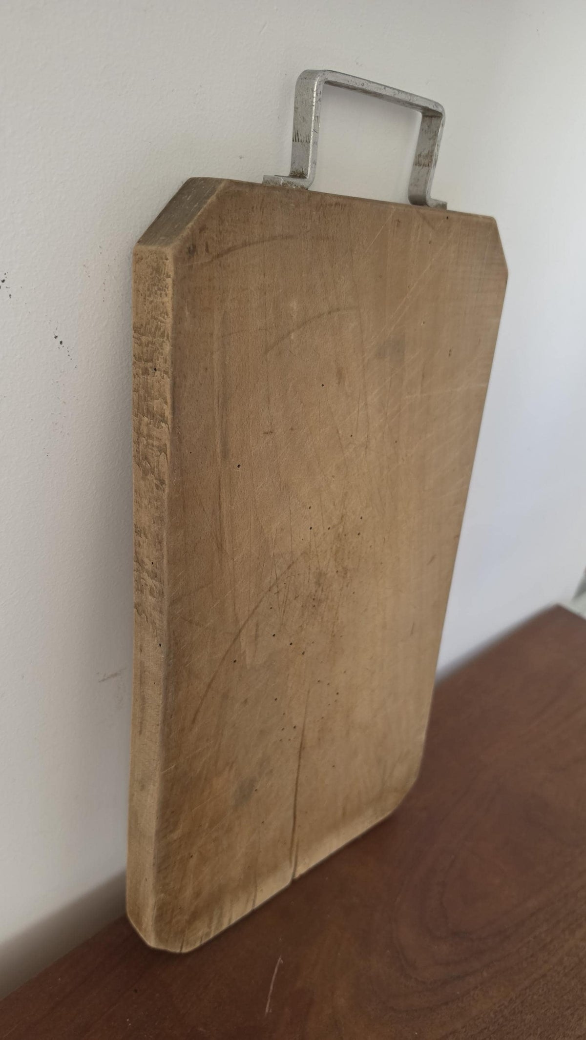 Antique French Wooden Bread Board with Metal Handle, Rustic Farmhouse Cutting Board, Primitive Kitchen Decor, European Dough Board