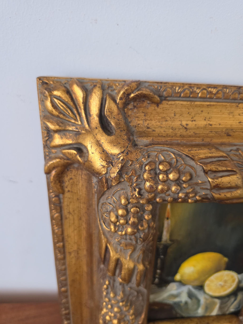 Antique Gilt Grape Motif Frame with Original Oil Painting, Lemon Still Life Art, Ornate Gold Frame, Cottage Decor