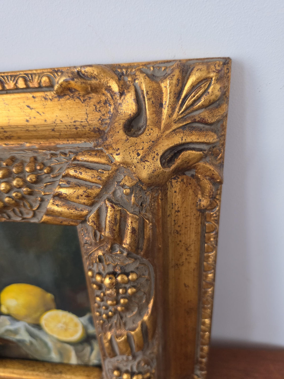Antique Gilt Grape Motif Frame with Original Oil Painting, Lemon Still Life Art, Ornate Gold Frame, Cottage Decor