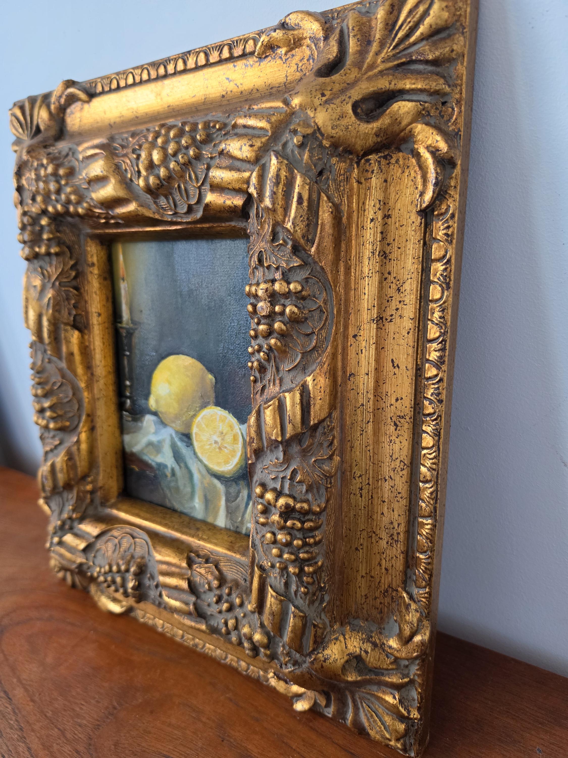 Antique Gilt Grape Motif Frame with Original Oil Painting, Lemon Still Life Art, Ornate Gold Frame, Cottage Decor
