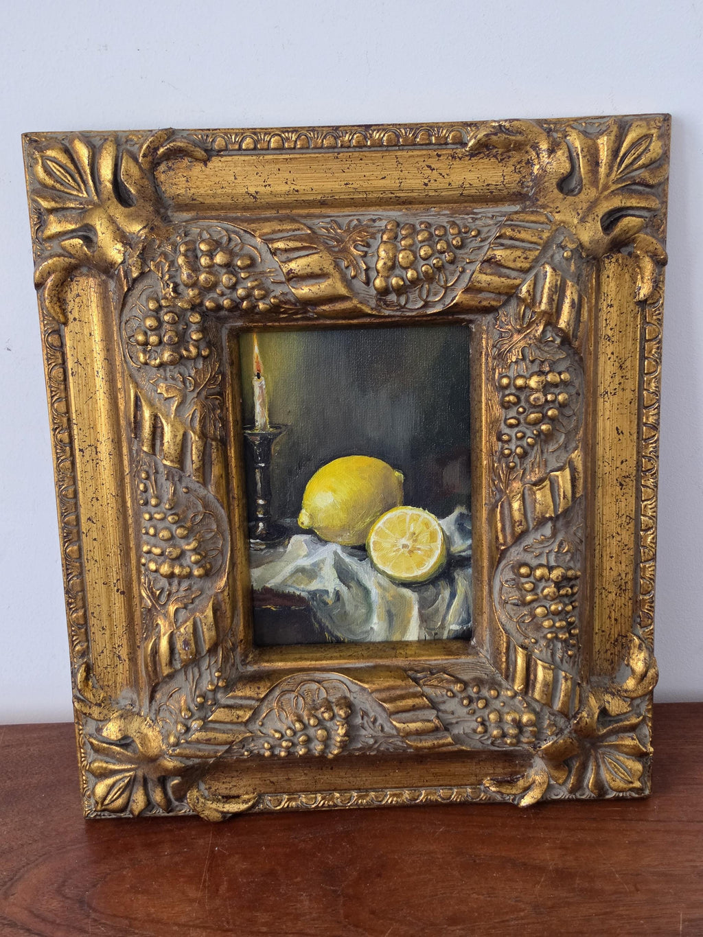 Antique Gilt Grape Motif Frame with Original Oil Painting, Lemon Still Life Art, Ornate Gold Frame, Cottage Decor