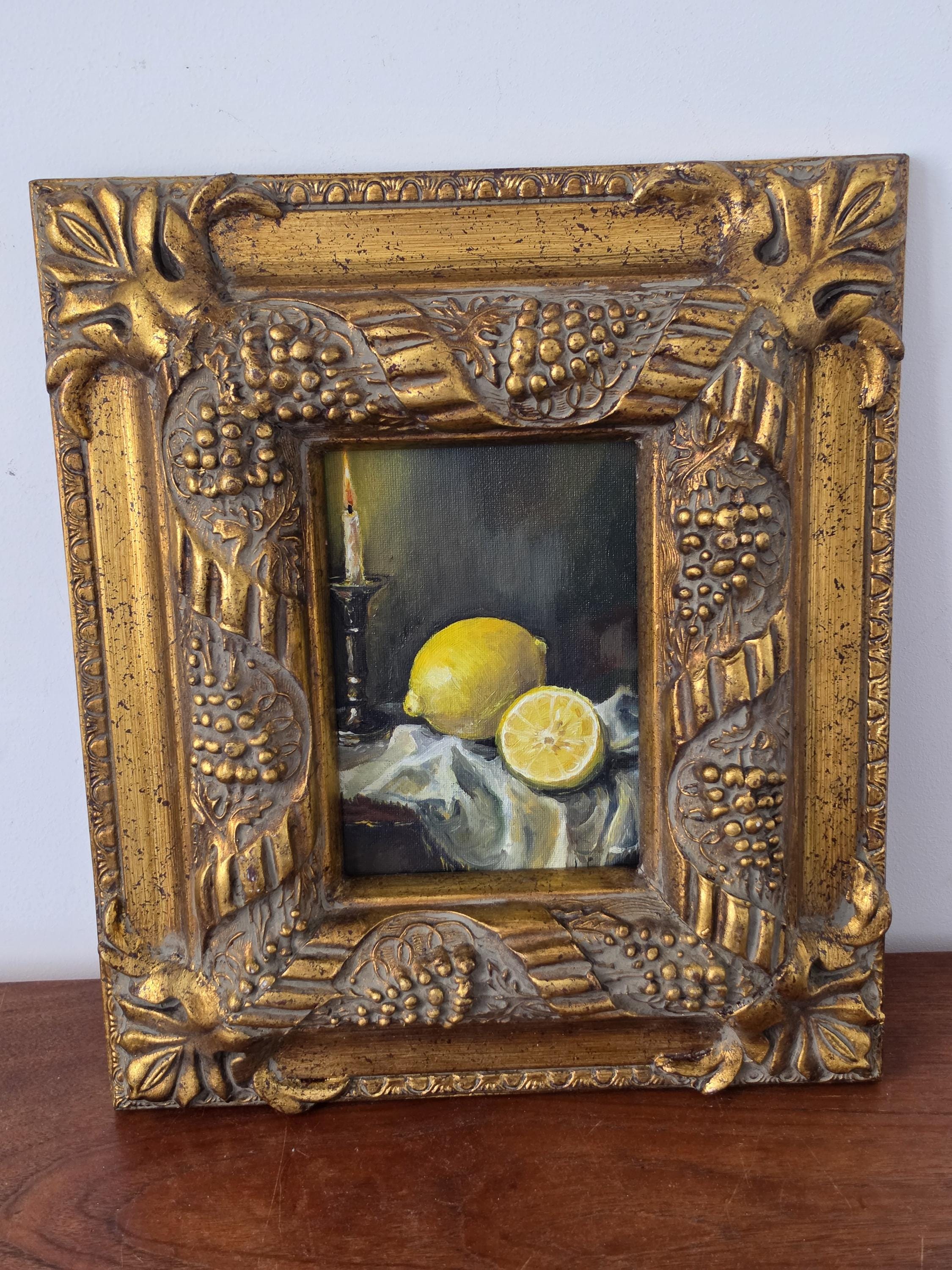 Antique Gilt Grape Motif Frame with Original Oil Painting, Lemon Still Life Art, Ornate Gold Frame, Cottage Decor