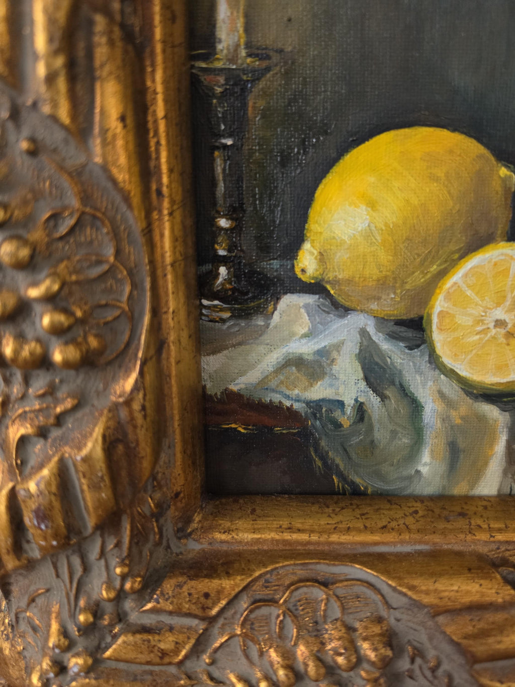 Antique Gilt Grape Motif Frame with Original Oil Painting, Lemon Still Life Art, Ornate Gold Frame, Cottage Decor