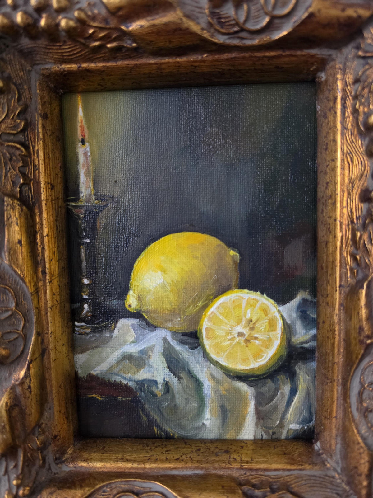 Antique Gilt Grape Motif Frame with Original Oil Painting, Lemon Still Life Art, Ornate Gold Frame, Cottage Decor