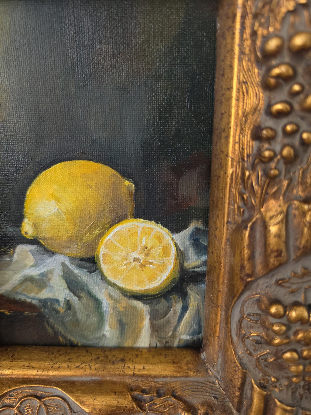 Antique Gilt Grape Motif Frame with Original Oil Painting, Lemon Still Life Art, Ornate Gold Frame, Cottage Decor