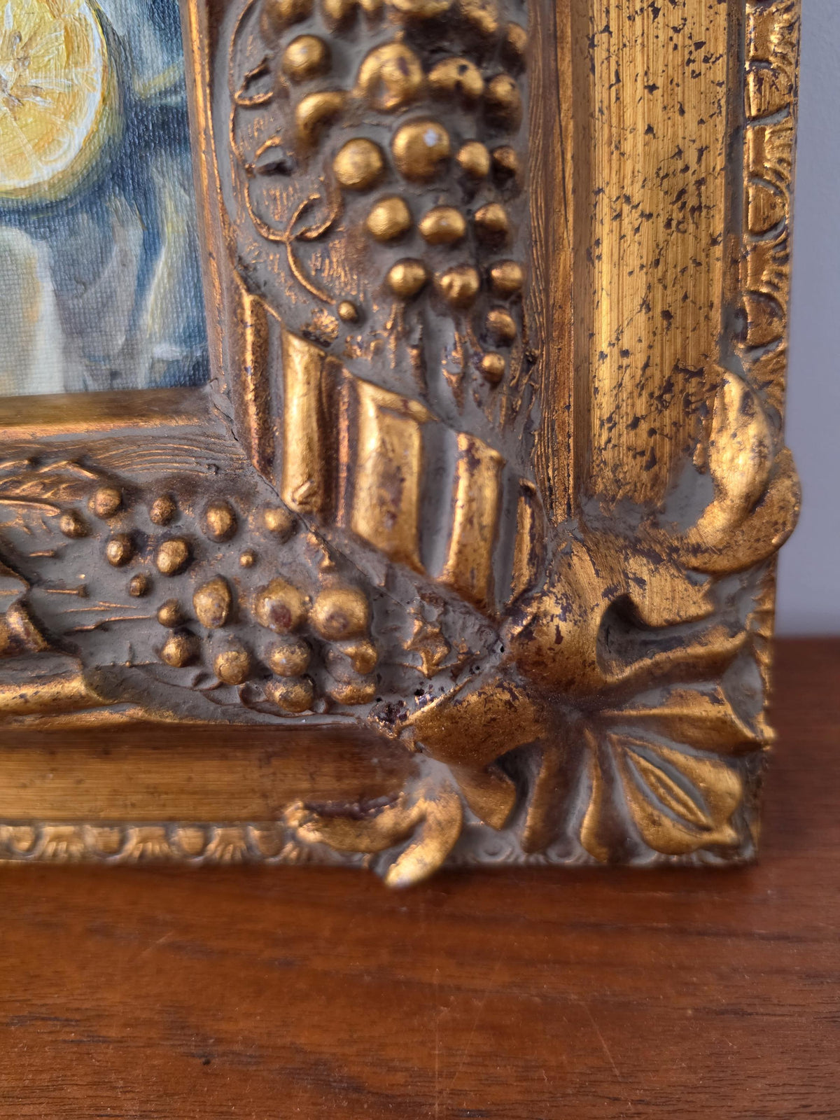 Antique Gilt Grape Motif Frame with Original Oil Painting, Lemon Still Life Art, Ornate Gold Frame, Cottage Decor