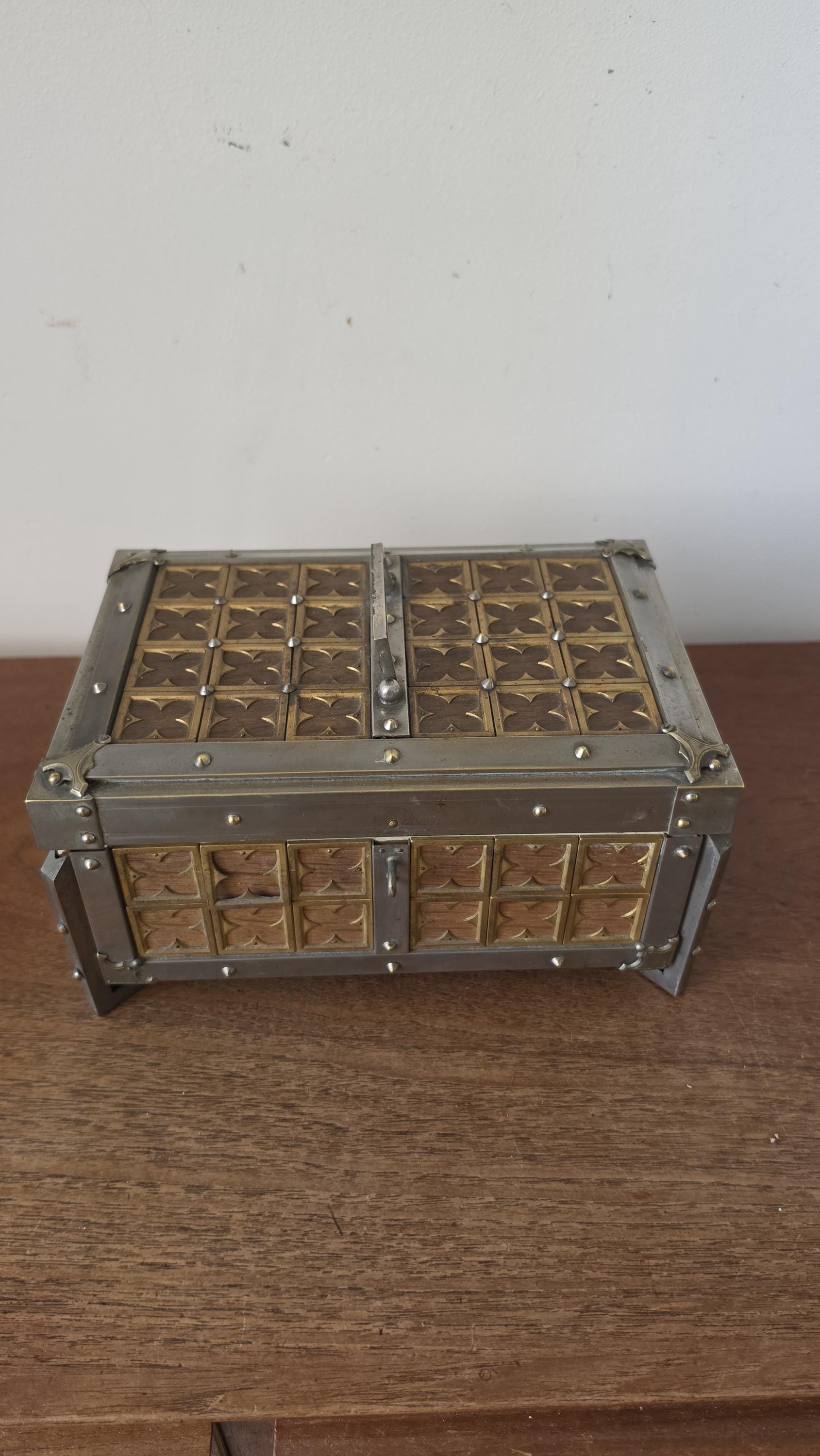 Vintage Gothic Revival Trinket Box, Medieval Style Wooden Casket, Brass and Pewter Storage Chest, Jewelry Box Decor