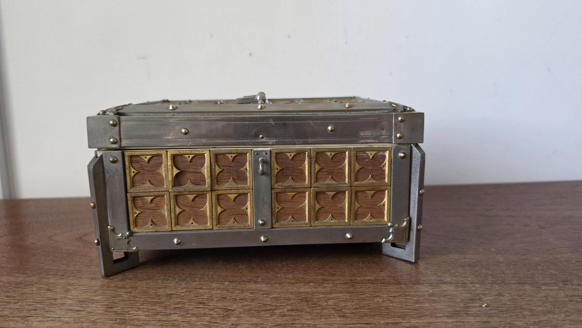 Vintage Gothic Revival Trinket Box, Medieval Style Wooden Casket, Brass and Pewter Storage Chest, Jewelry Box Decor