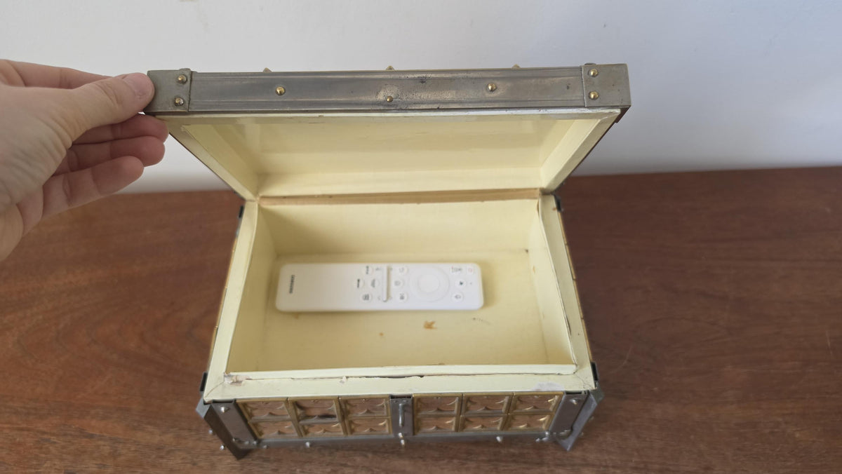 Vintage Gothic Revival Trinket Box, Medieval Style Wooden Casket, Brass and Pewter Storage Chest, Jewelry Box Decor
