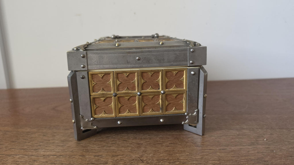 Vintage Gothic Revival Trinket Box, Medieval Style Wooden Casket, Brass and Pewter Storage Chest, Jewelry Box Decor