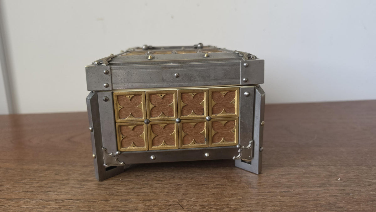 Vintage Gothic Revival Trinket Box, Medieval Style Wooden Casket, Brass and Pewter Storage Chest, Jewelry Box Decor