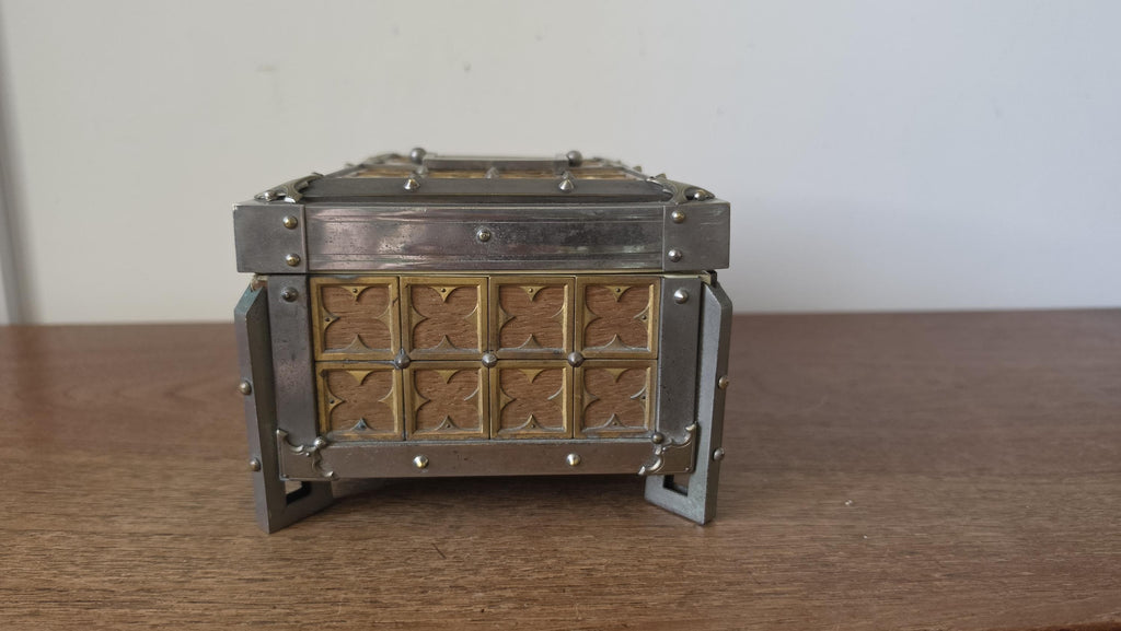Vintage Gothic Revival Trinket Box, Medieval Style Wooden Casket, Brass and Pewter Storage Chest, Jewelry Box Decor