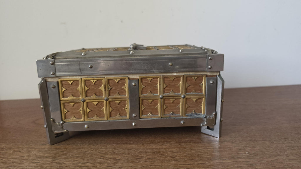 Vintage Gothic Revival Trinket Box, Medieval Style Wooden Casket, Brass and Pewter Storage Chest, Jewelry Box Decor
