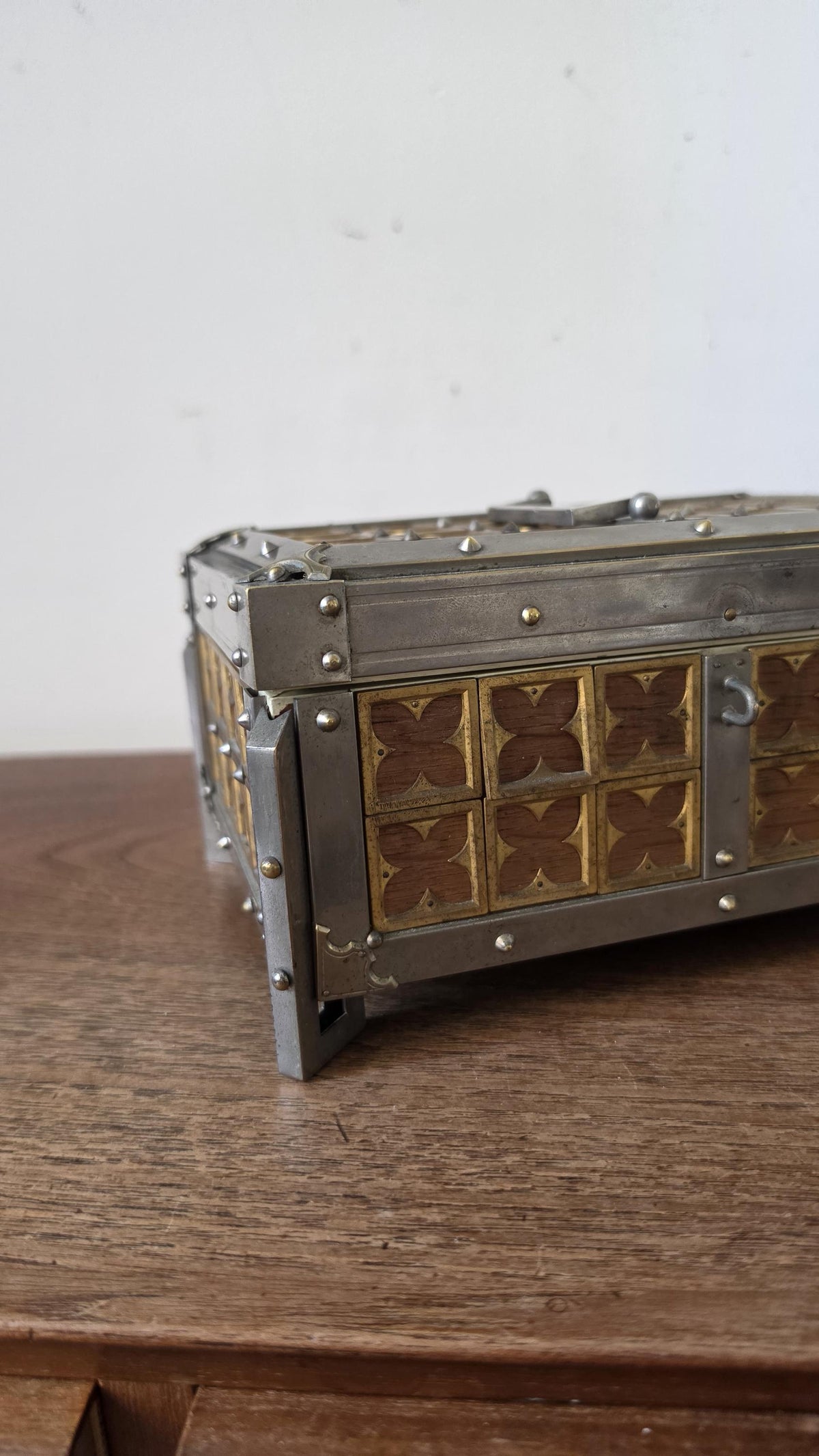 Vintage Gothic Revival Trinket Box, Medieval Style Wooden Casket, Brass and Pewter Storage Chest, Jewelry Box Decor