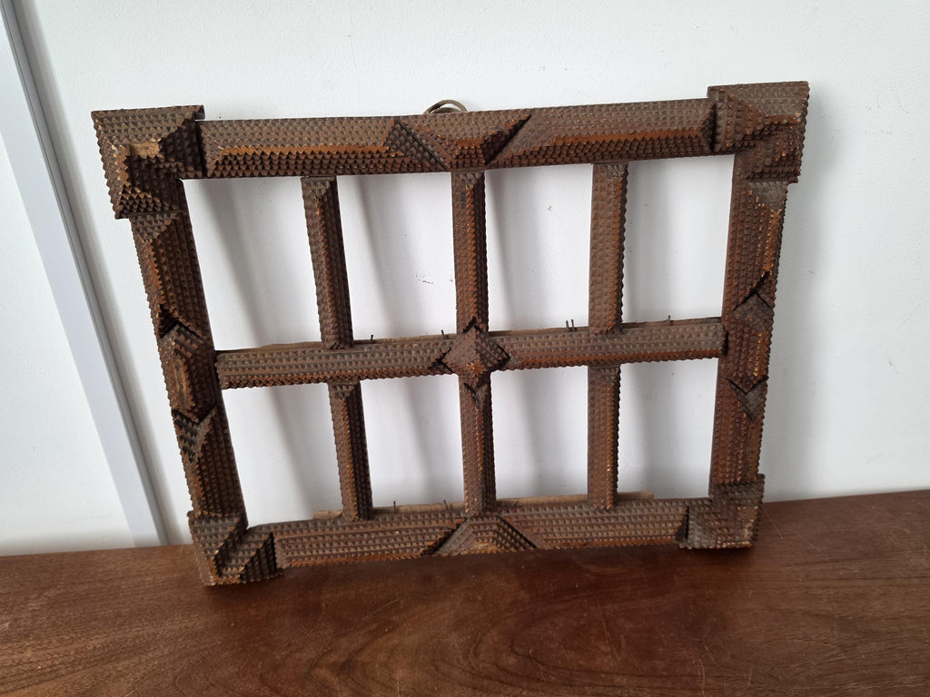 Antique Tramp Art Photo Frame, Folk Art Wooden Picture Frame, Black Forest Style Cabinet Card Holder, Rustic Wall Display