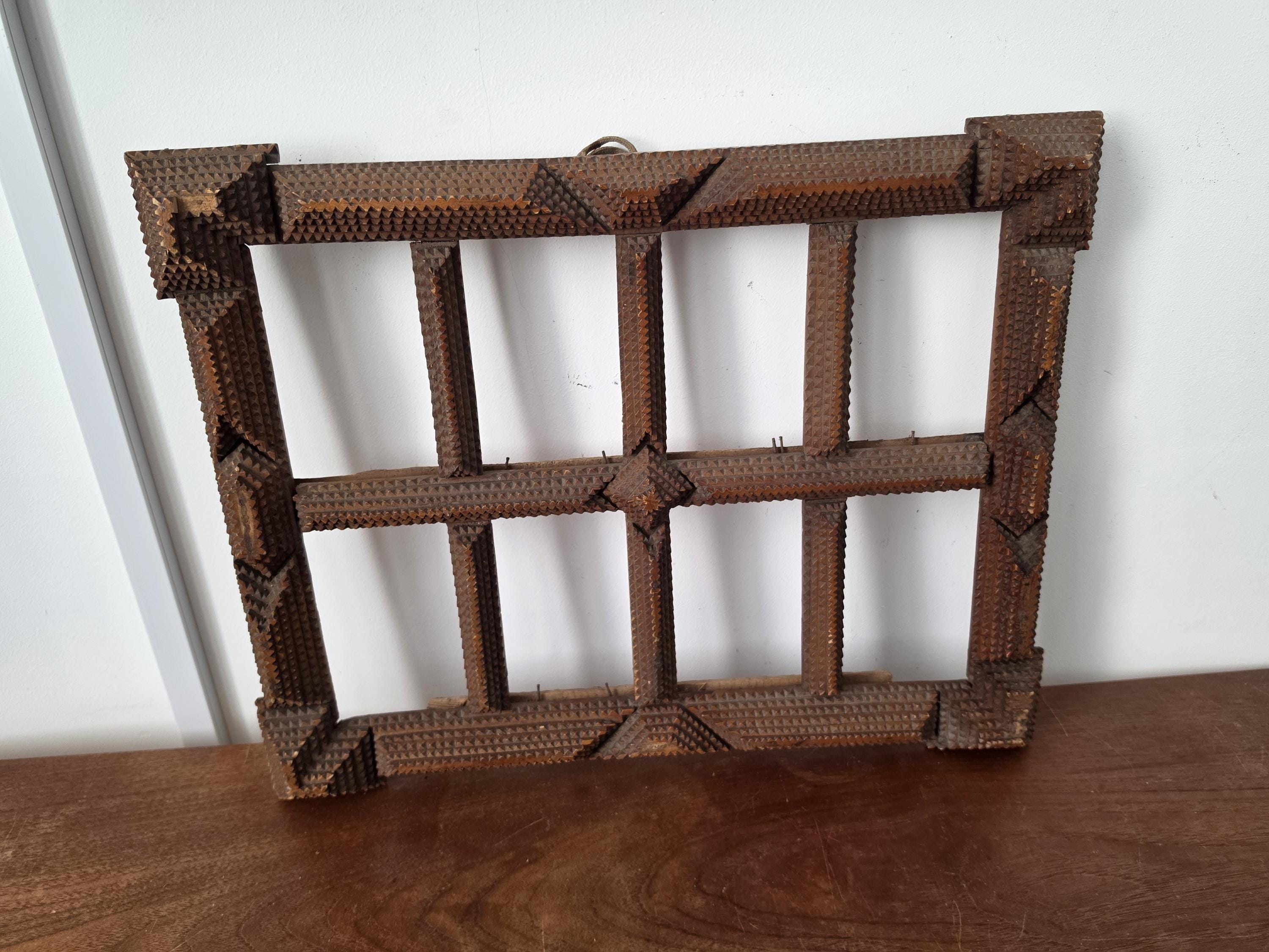 Antique Tramp Art Photo Frame, Folk Art Wooden Picture Frame, Black Forest Style Cabinet Card Holder, Rustic Wall Display