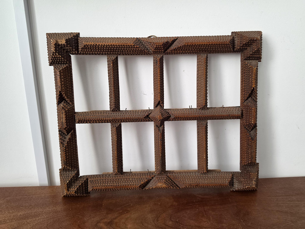 Antique Tramp Art Photo Frame, Folk Art Wooden Picture Frame, Black Forest Style Cabinet Card Holder, Rustic Wall Display