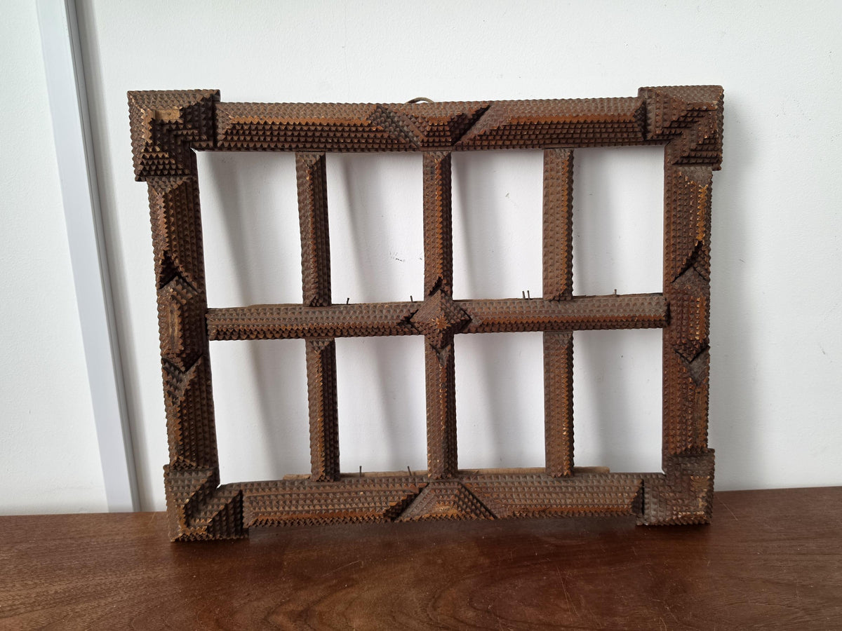 Antique Tramp Art Photo Frame, Folk Art Wooden Picture Frame, Black Forest Style Cabinet Card Holder, Rustic Wall Display