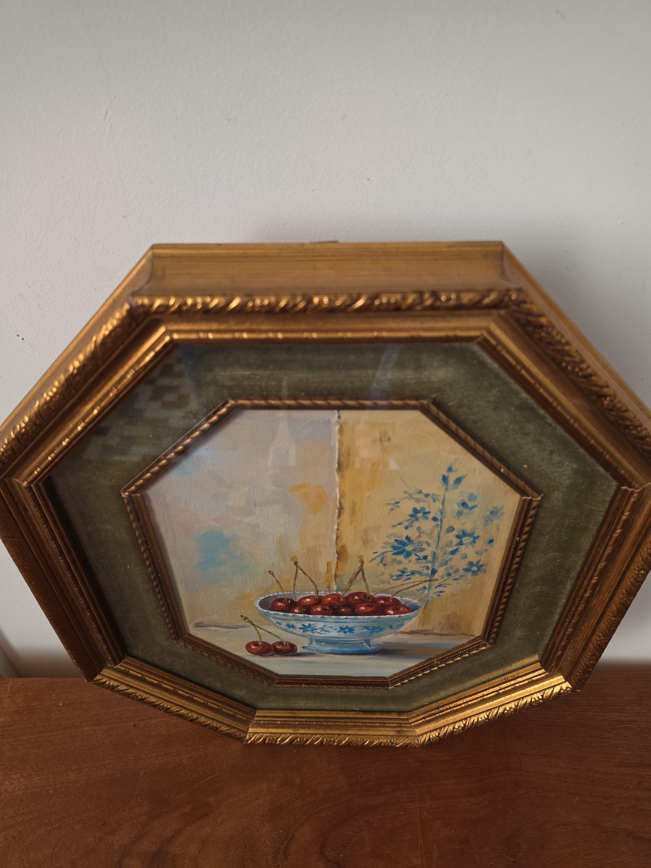 Vintage Octagonal Gold Frame with Original Cherry Oil Painting, Velvet Liner & Glass, Hand Painted Still Life Wall Art, Cottagecore Decor