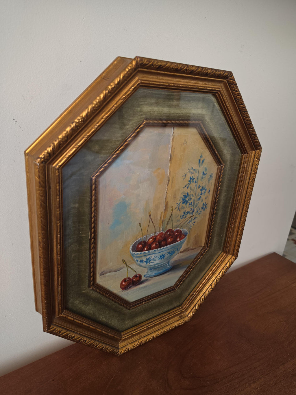 Vintage Octagonal Gold Frame with Original Cherry Oil Painting, Velvet Liner & Glass, Hand Painted Still Life Wall Art, Cottagecore Decor