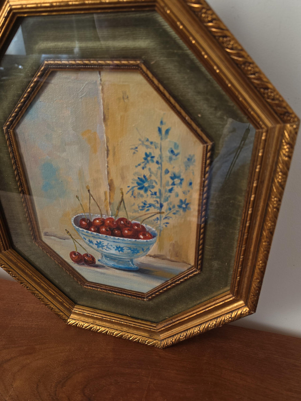 Vintage Octagonal Gold Frame with Original Cherry Oil Painting, Velvet Liner & Glass, Hand Painted Still Life Wall Art, Cottagecore Decor