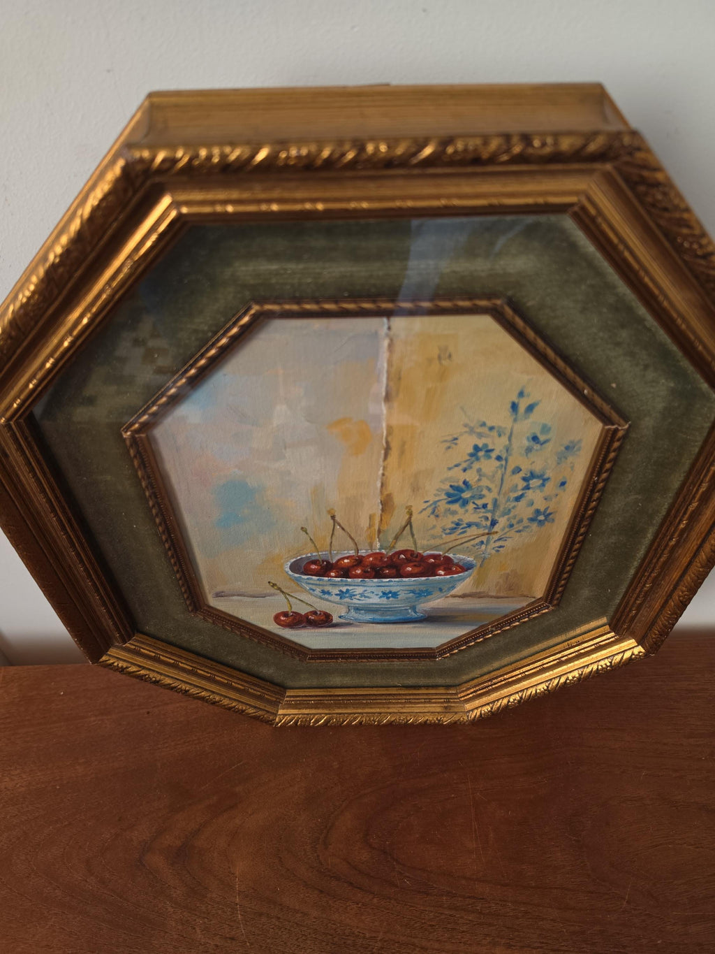 Vintage Octagonal Gold Frame with Original Cherry Oil Painting, Velvet Liner & Glass, Hand Painted Still Life Wall Art, Cottagecore Decor