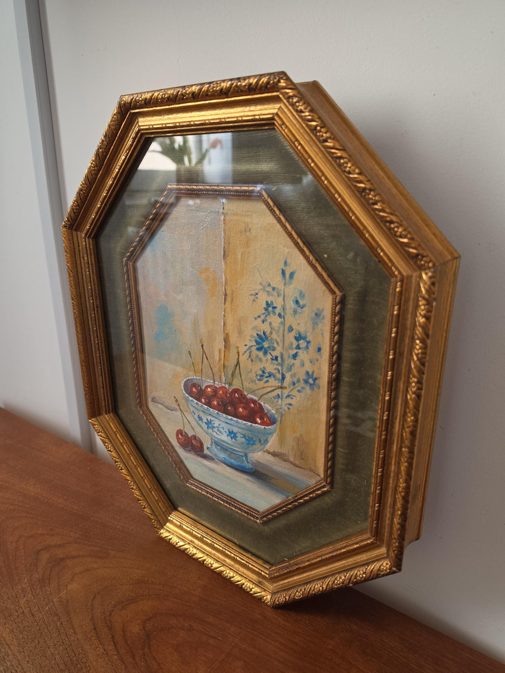 Vintage Octagonal Gold Frame with Original Cherry Oil Painting, Velvet Liner & Glass, Hand Painted Still Life Wall Art, Cottagecore Decor