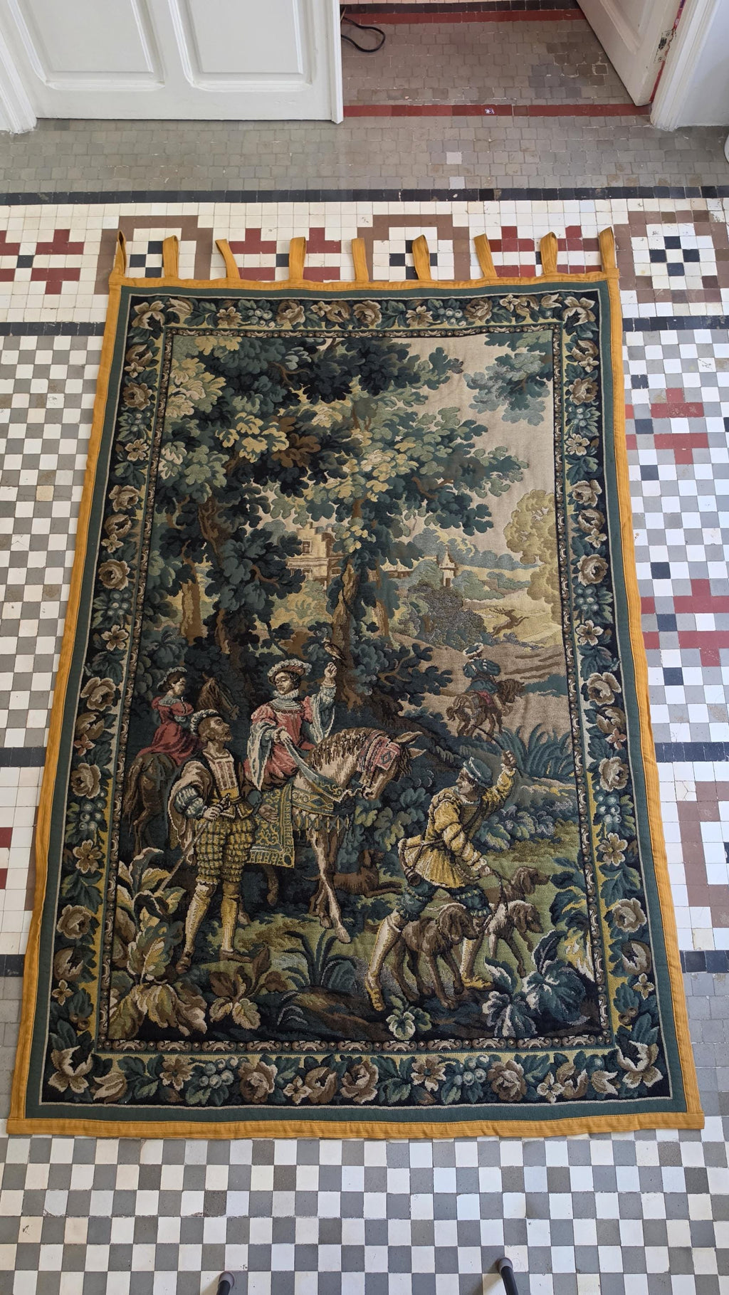 Large French Hunting Scene Tapestry Wall Hanging, Medieval Style Gobelin Textile, Chateau Decor, European Castle, Artis Flora Belgium