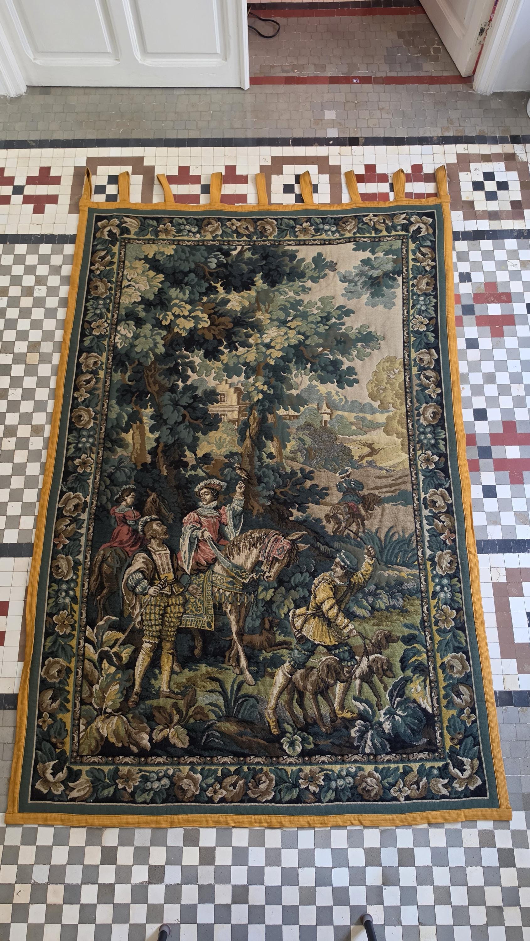Large French Hunting Scene Tapestry Wall Hanging, Medieval Style Gobelin Textile, Chateau Decor, European Castle, Artis Flora Belgium