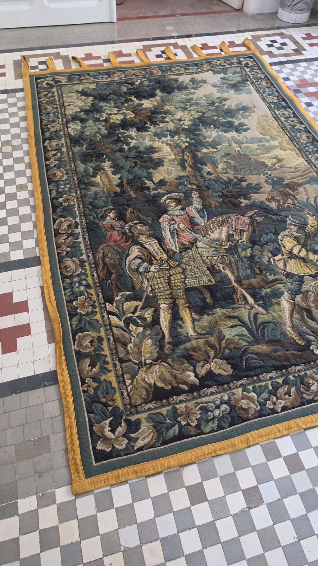 Large French Hunting Scene Tapestry Wall Hanging, Medieval Style Gobelin Textile, Chateau Decor, European Castle, Artis Flora Belgium