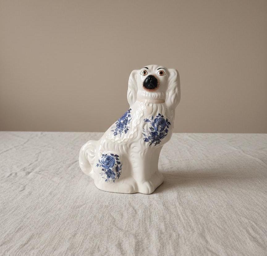 Vintage Staffordshire Style Dog Figurine Blue Transferware Ceramic Spaniel Cottagecore Decor tall
