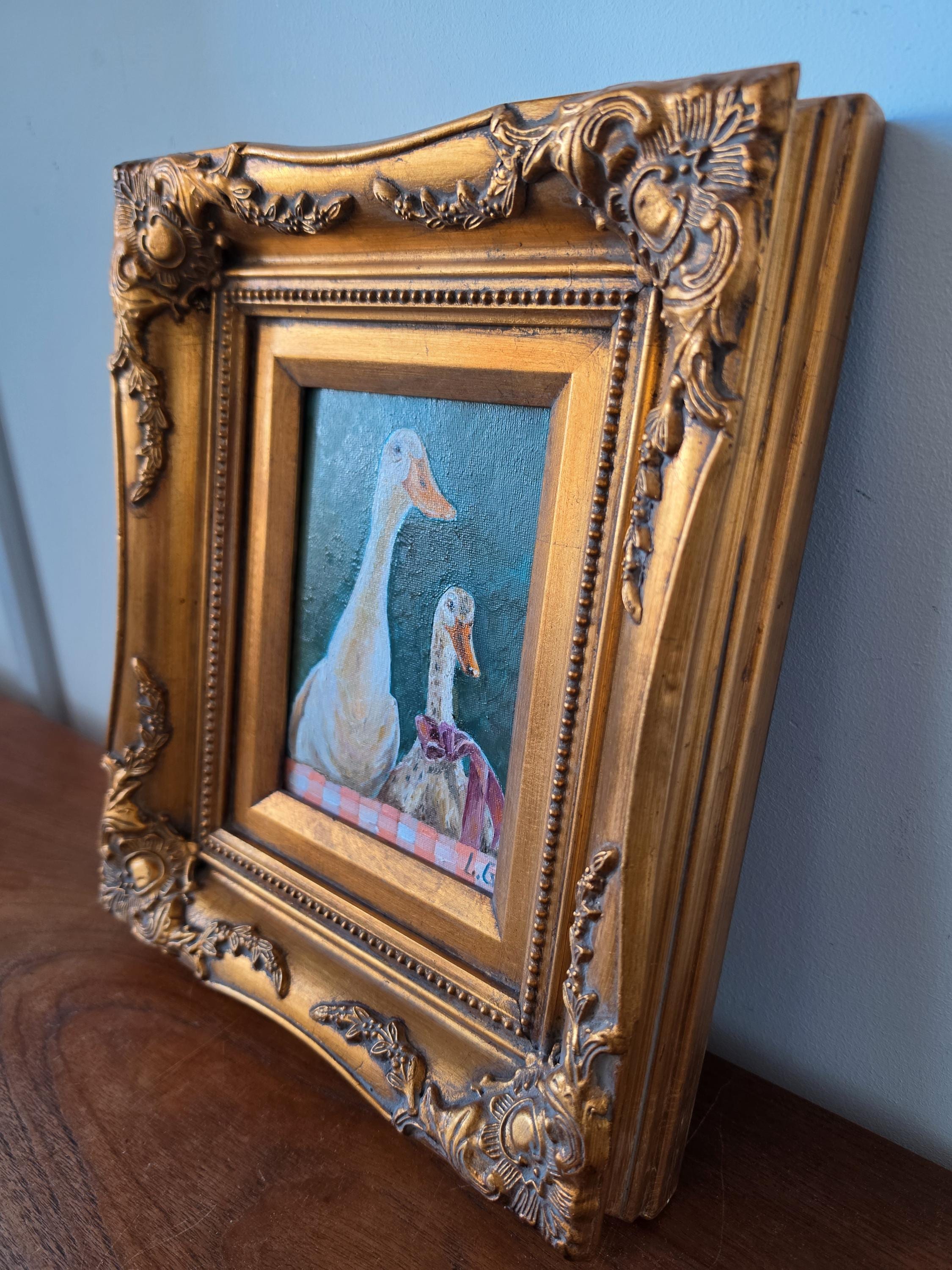 Original Duck Oil Painting in Vintage Gold Frame, White Ducks Portrait, Cottagecore Farmhouse Wall Art, Framed Animal Painting,