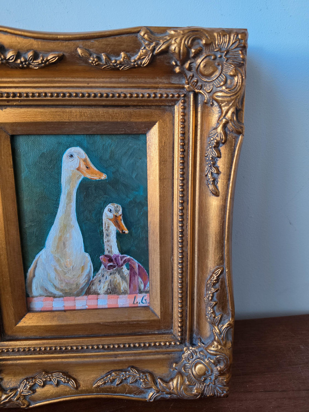 Original Duck Oil Painting in Vintage Gold Frame, White Ducks Portrait, Cottagecore Farmhouse Wall Art, Framed Animal Painting,
