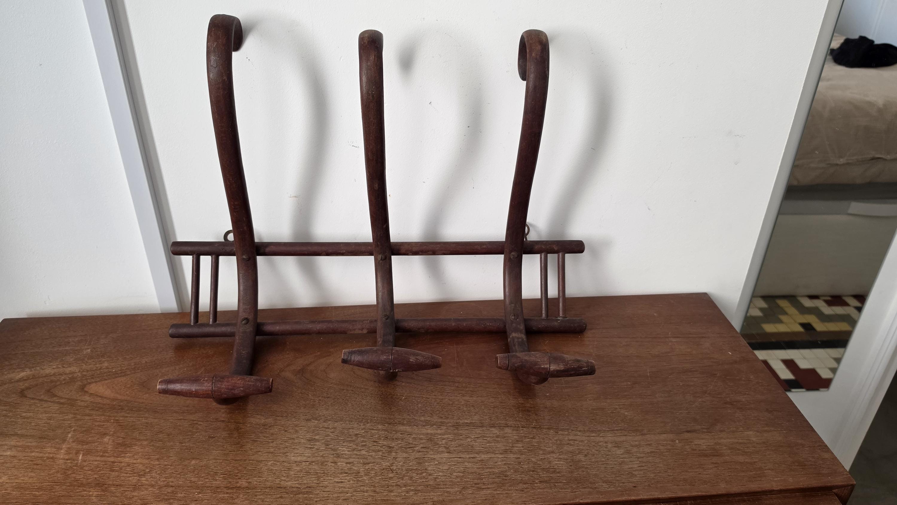 Antique French Wooden Wall Hook Rack, Rustic Farmhouse Coat Hooks, Primitive Entryway Organizer, Country Cottage Wall Storage, Folk Decor