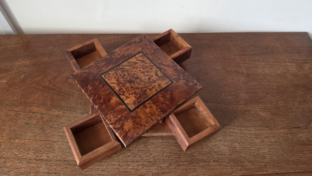 Burl Wood Jewelry Box with Secret Drawers, Vintage Wooden Puzzle Box, Hidden Compartment Box, Inlaid Wood Trinket Box, Desk Storage Box