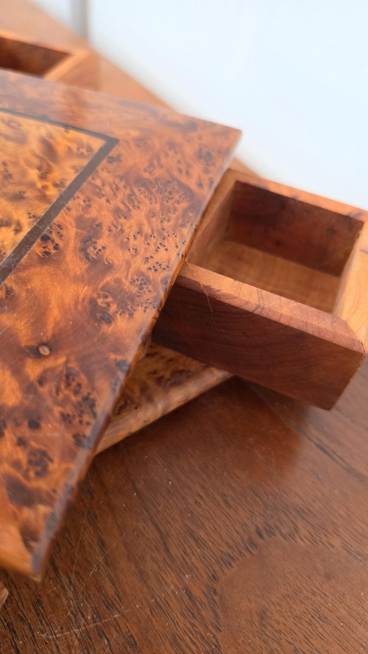 Burl Wood Jewelry Box with Secret Drawers, Vintage Wooden Puzzle Box, Hidden Compartment Box, Inlaid Wood Trinket Box, Desk Storage Box