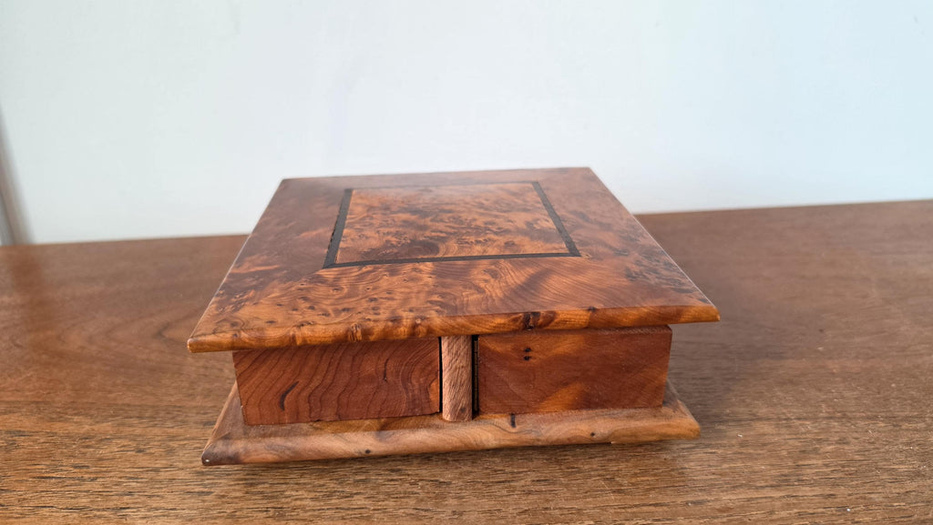Burl Wood Jewelry Box with Secret Drawers, Vintage Wooden Puzzle Box, Hidden Compartment Box, Inlaid Wood Trinket Box, Desk Storage Box