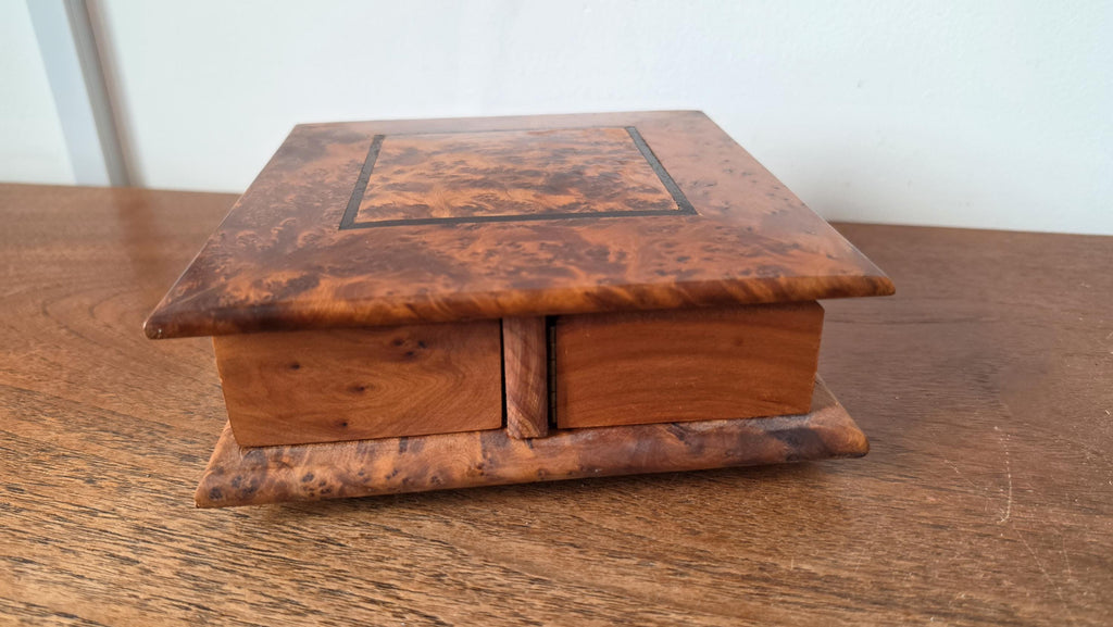 Burl Wood Jewelry Box with Secret Drawers, Vintage Wooden Puzzle Box, Hidden Compartment Box, Inlaid Wood Trinket Box, Desk Storage Box