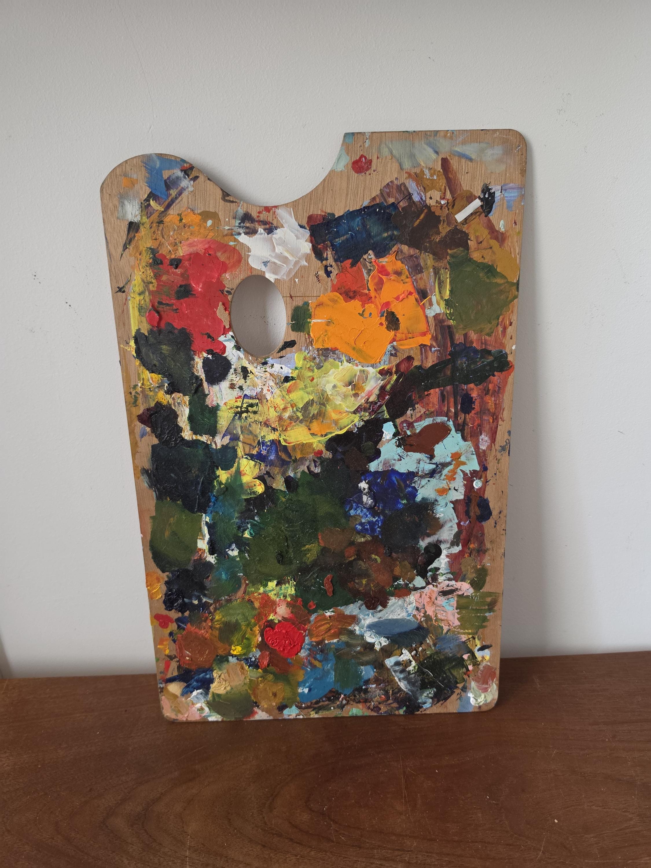 Vintage Artist Paint Palette, Wooden Painter Mixing Board, Original Studio Art Tool, Boho Creative Decor, Colorful Paint Covered Palette