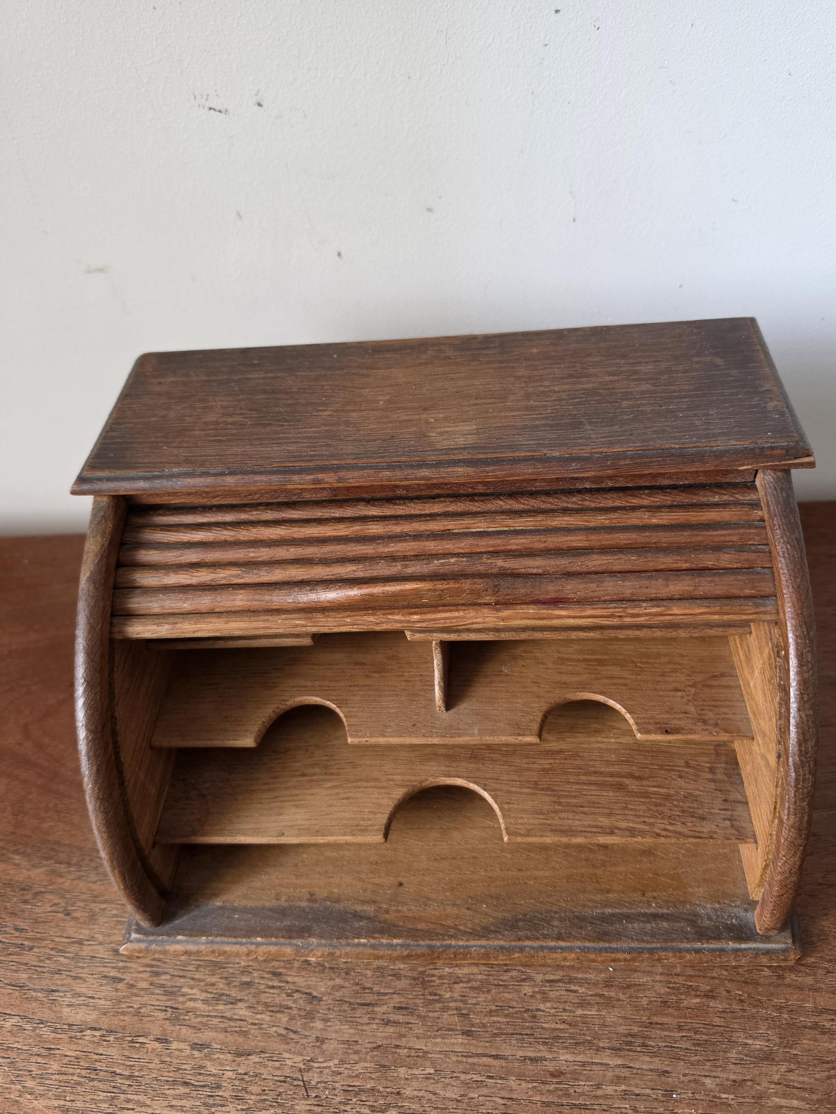 Antique Oak Roll Top Letter Organizer, Mission Style Desk Sorter, Arts and Crafts Office Cabinet, Wooden Mail Holder with Drawer