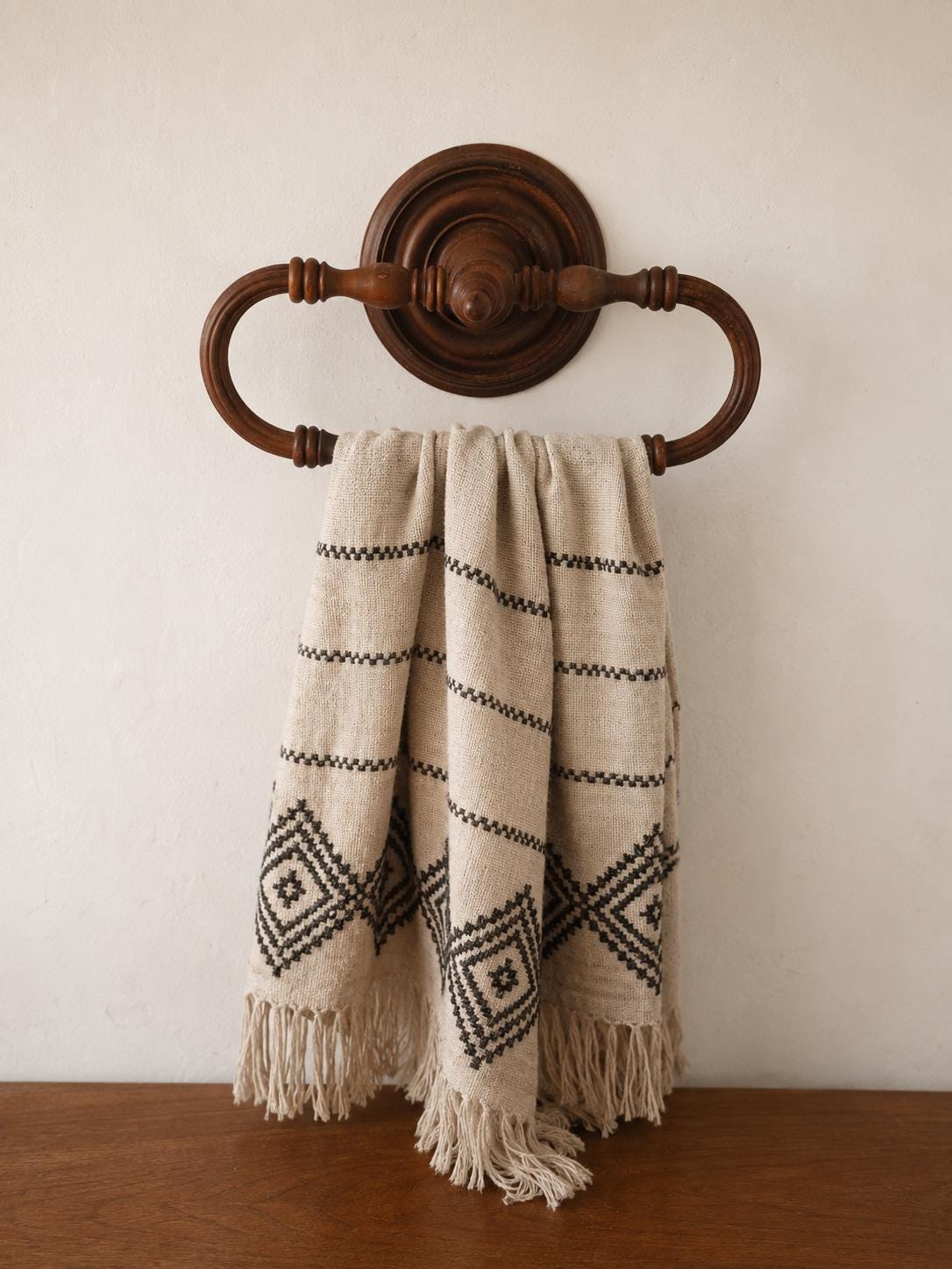 French Wooden Towel Ring, Turned Wood Wall Mount, Colonial Revival Bathroom Hardware, Rustic Hand Towel Holder, Farmhouse Wall Decor