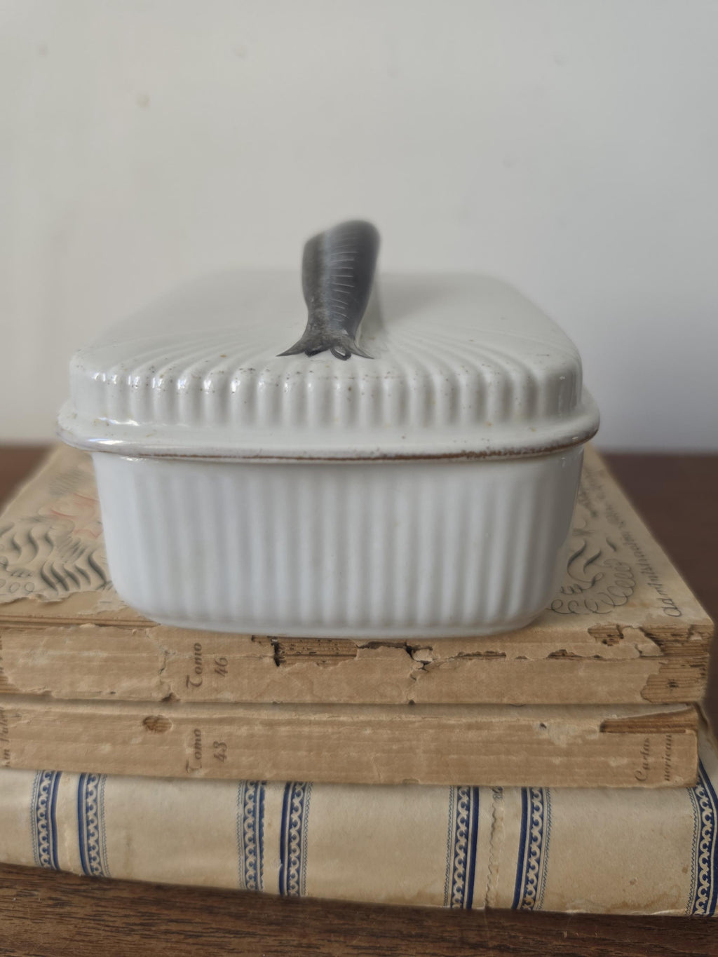 Antique French Porcelain Sardine Box, Hand Painted Fish Trinket Box, France Ceramic Lidded Box, Coastal Nautical Decor
