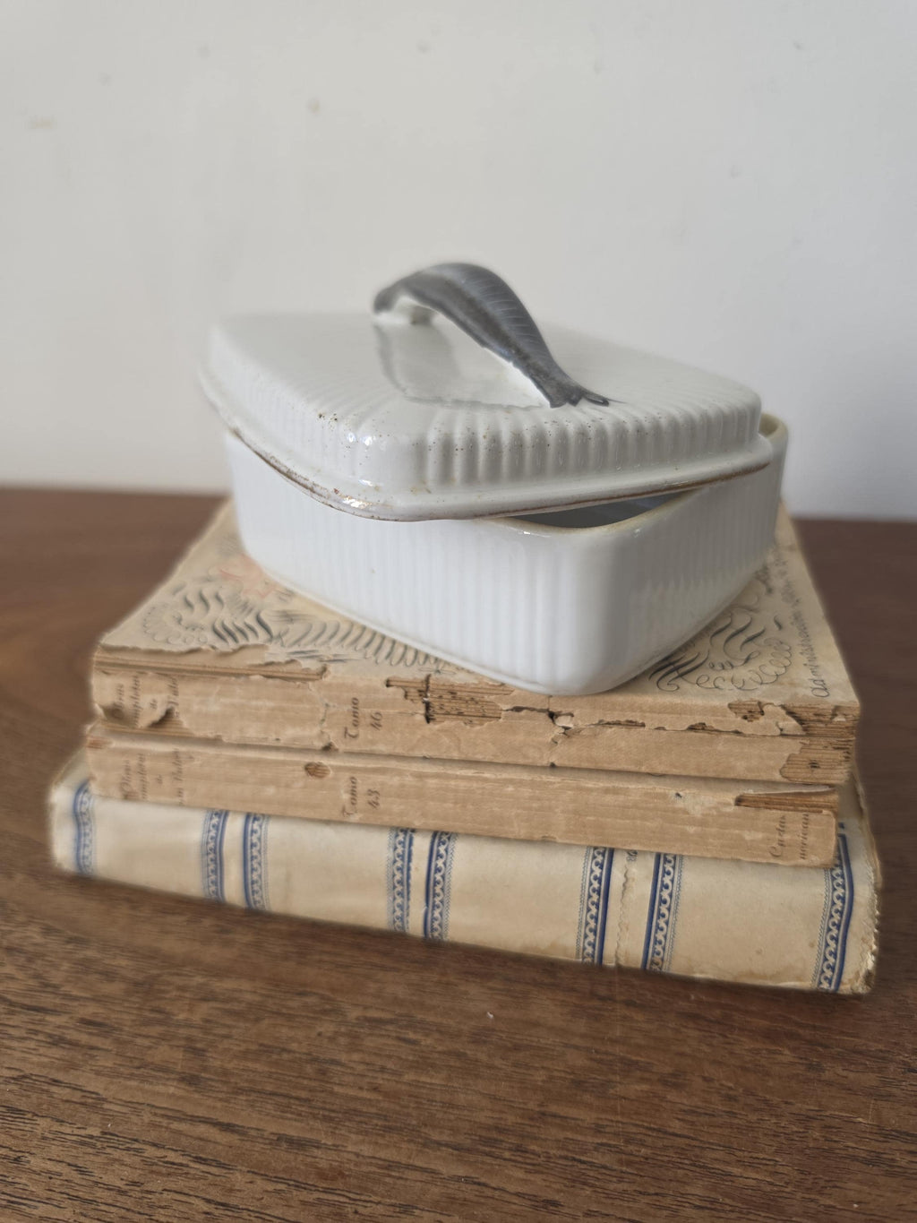 Antique French Porcelain Sardine Box, Hand Painted Fish Trinket Box, France Ceramic Lidded Box, Coastal Nautical Decor
