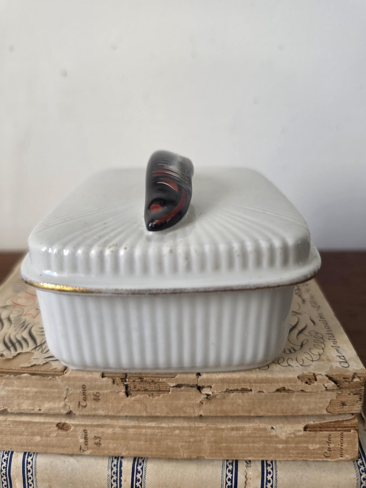 Antique French Porcelain Sardine Box, Hand Painted Fish Trinket Box, France Ceramic Lidded Box, Coastal Nautical Decor