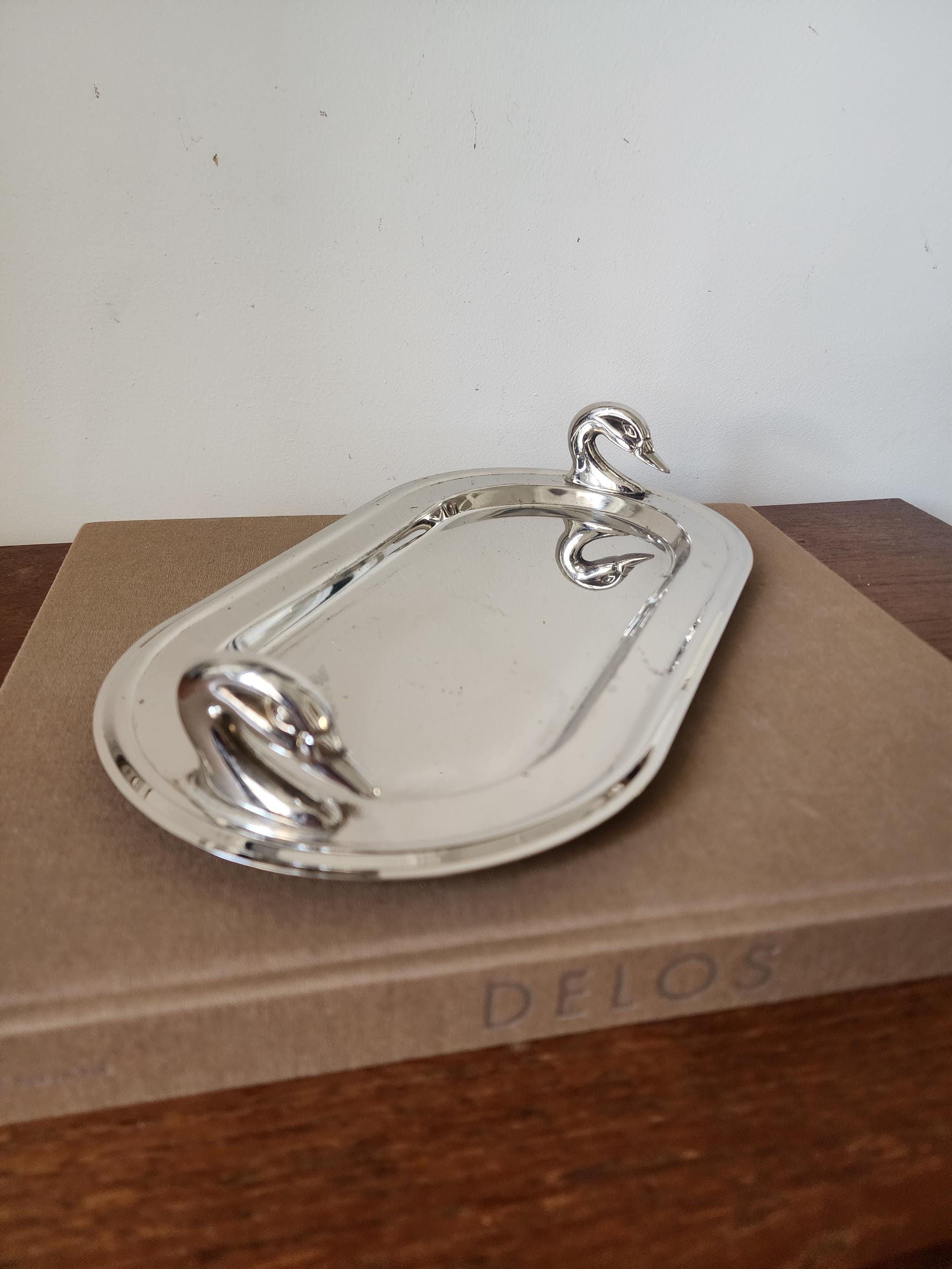 1960s French Chrome Swan Handle Tray, Mid Century Modern Silver Serving Dish, Hollywood Regency Vanity Tray
