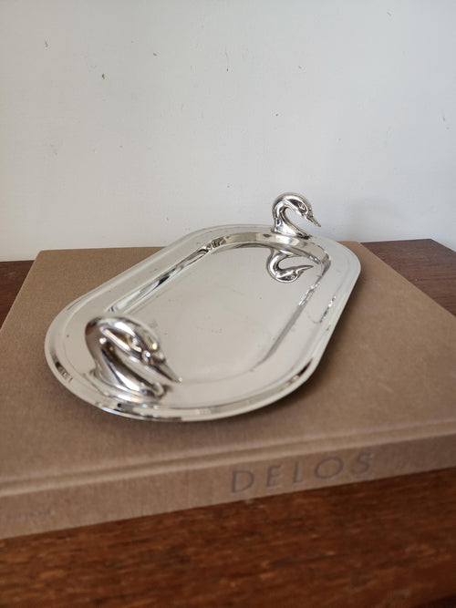 1960s French Chrome Swan Handle Tray, Mid Century Modern Silver Serving Dish, Hollywood Regency Vanity Tray