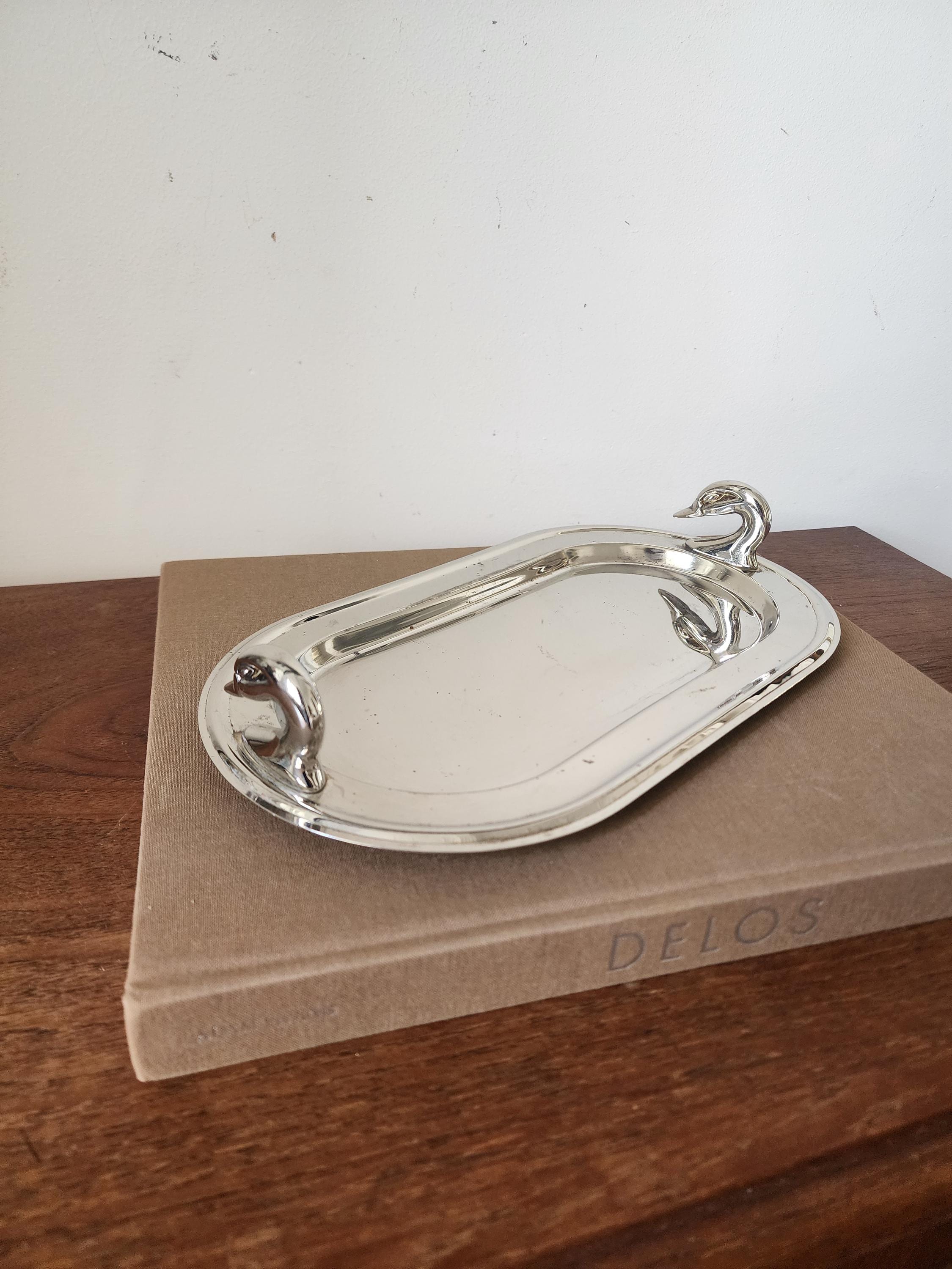 1960s French Chrome Swan Handle Tray, Mid Century Modern Silver Serving Dish, Hollywood Regency Vanity Tray