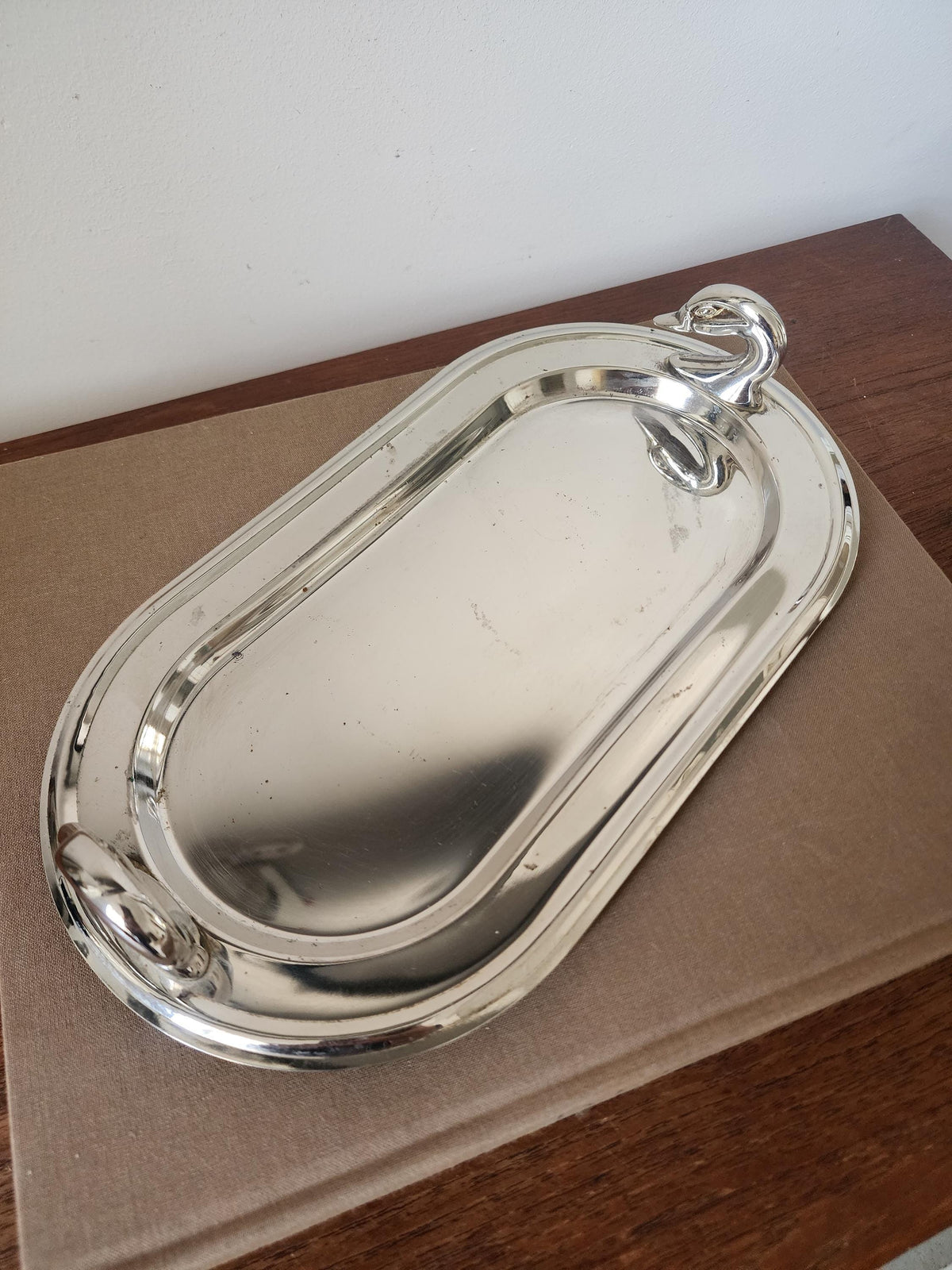 1960s French Chrome Swan Handle Tray, Mid Century Modern Silver Serving Dish, Hollywood Regency Vanity Tray