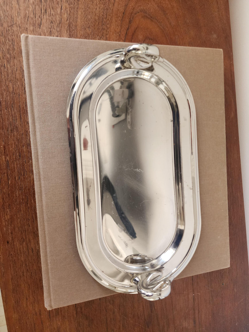 1960s French Chrome Swan Handle Tray, Mid Century Modern Silver Serving Dish, Hollywood Regency Vanity Tray